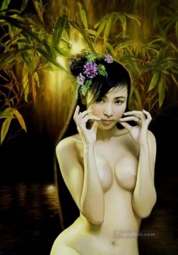 ヌード Painting - 笹の笛の中国人少女のヌード